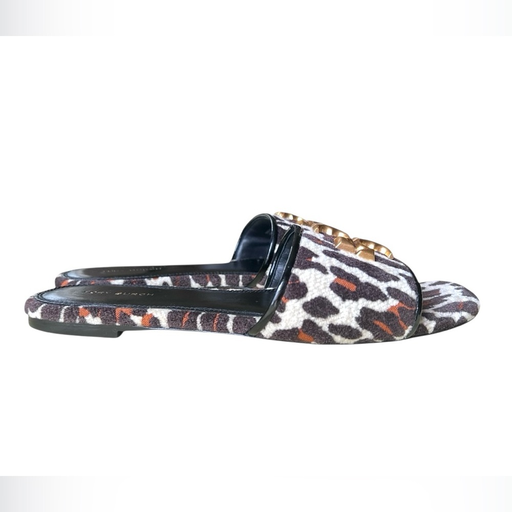 TORY BURCH ELEANOR Leather Leopard Print Gold Medallion Slide Sandals Size 8 - Picture 5 of 16